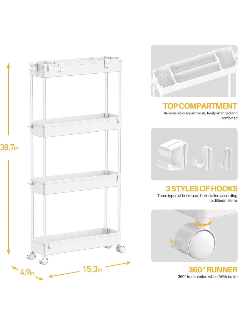Anmi 4 Tier Slim Rolling Storage Cart White, Slide Out Utility Organizer with Wheels for Narrow Spaces, Mobile Shelving Unit for Bathroom Kitchen Office Laundry Room - Image 2
